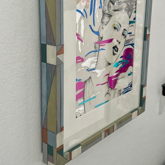 ORIGINAL FRAMED ART Metallic & Ink Graphic Illustration Drawing of Fashion Model - Picture 10 of 13